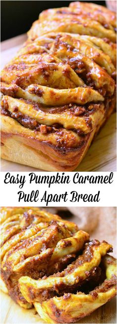 an easy pumpkin caramel pull apart bread is shown on a cutting board with text overlay