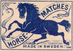 a blue and white stamp with a horse on it's back legs, in front of the words matches made in sweden