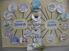 a bulletin board with pins and magnets attached to it that says greece, great rome