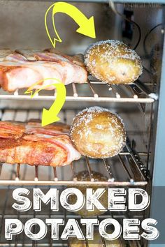 an oven with bacon, donuts and baked potatoes cooking in it