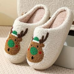 Sherpa Clog Style Slip On Indoor Outdoor Slippers Non Slip Flexible Sole Cushioned Foot Bed Christmas Reindeer Rudolph Green Brown White (True To Size) Brand New Fun Gift Casual Everyday House Shoes Happy Winter Fall Spring Summer Christmas Holiday Birthday Unisex Moose Xmas Family Pajamas Casual Christmas Slippers With Round Toe, Cozy White Closed Toe Slippers, Holiday Slippers, Cozy Shoes, Christmas Slippers, Indoor Outdoor Slippers, Clogs Style, Happy Winter, Warm Slippers