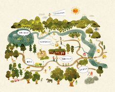 an illustrated map with people and places in the country, including trees, houses, water, and mountains