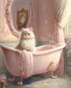 a painting of a cat sitting in a bathtub with the caption good morning