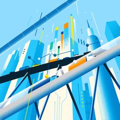 an abstract painting with blue, yellow and white lines in the sky above it is a cityscape