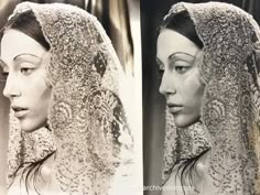 an old photo of a woman wearing a veil and headdress, before and after her wedding