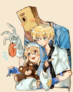 two anime characters one holding a teddy bear and the other pointing at something in front of him