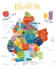 the brooklyn neighborhood map is made up of many different languages and colors, including words