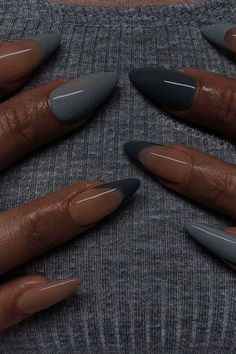 # fall nail# Cold Nails Colors, Simple Gel Almond Nails, Different Shades Blue Nails, Dark Gray Almond Nails, Short Almond Acrylic Nails Design Blue, Thanksgiving Nails Acrylic Oval, Almond Gel Nails Ideas Fall, Dark Winter Nails Acrylic, Nail Shape 2024