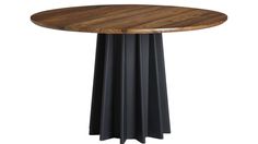 a round wooden table with black metal legs and a wood top on an isolated white background