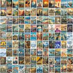 a collage of travel posters from around the world, all in different colors and sizes