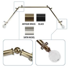 the different types of curtain rods are shown in three different colors and sizes, including black, satin nickell, antique brass, satin