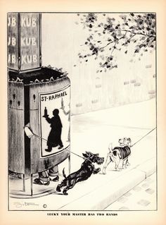 an old cartoon shows a man pulling his dog on a leash while another person watches