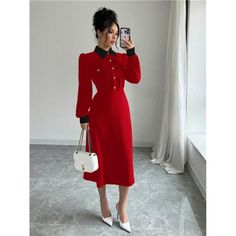 -Item Id 44173621 -Details: Button Front -Neckline: Collar -Sleeve Type: Puff Sleeve -Style: Elegant -Type: Shirt -Waist Line: High Waist -Hem Shaped: Flared -Color: Red -Pattern Type: Colorblock, Plain -Sleeve Length: Extra-Long Sleeve -Fit Type: Slim Fit -Length: Midi -Material: Knitted Fabric -Composition: 95% Polyester, 5% Elastane -Care Instructions: Machine Wash Or Professional Dry Clean -Sheer: No -Fabric: Slight Stretch **Open To Offers!!!** **Bundle To Save More** **30% Off Bundles Of 2 Extra Long Sleeves, Classy Chic, Red Pattern, Chic Boutique, Style Elegant, Boutique Dresses, Women's Casual, Casual Dresses For Women, Sleeve Type