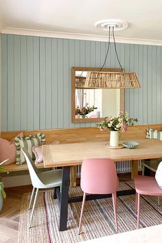 a dining room with blue walls and pink chairs