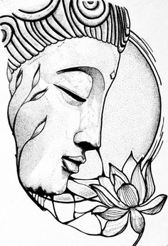 a black and white drawing of a buddha's face with a flower in its mouth