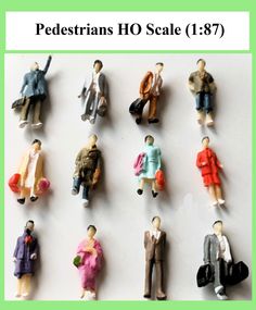 many small figurines are displayed on a white surface with the words pedestrins ho scale 1 - 8