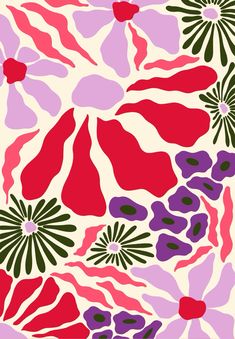 an abstract floral design in red, purple and green