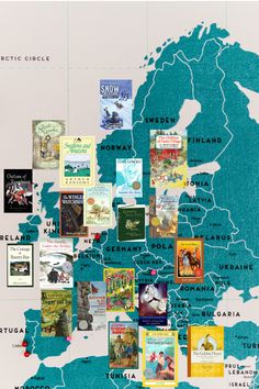 a map with many books on it and the names of different countries in each country