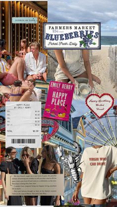 the collage shows people walking and shopping at an amusement park