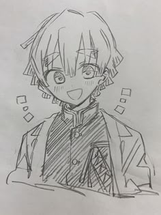 a drawing of an anime character with short hair and big eyes, wearing a jacket