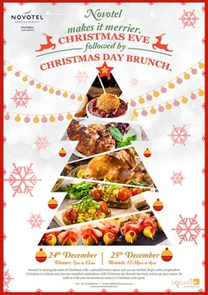 a christmas tree shaped menu with different foods in the shape of a triangle on it