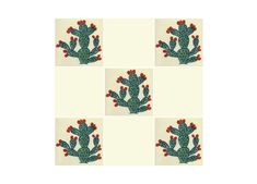 four different images of a green cactus with red flowers on it's back side