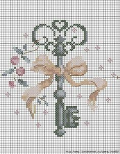 a cross stitch pattern with flowers and keys on the front, as well as an image of