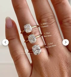 three different types of engagement rings on someone's hand with measurements for each ring