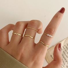 5 Pcs Dainty Gold Tone Stackable Joint Finger Rings Pearls Jewelry - Five Piece Set - Gold Tone - Alloy - Stackable Joint Finger Rings - Mix Sizes: 1x 5.75, 3 X 6.75, 1 X 8.5 ** Bundle And Save ** Fashion Ring Set, Rings Set For Women, Cluster Ring Set, Knuckle Ring, Retro Mode, Geometric Ring, Knuckle Rings, Gold Ring Sets, Gold Ring Stack