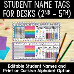 two student name tags for desks and 5 th grade students with colorful pencils