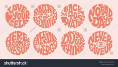 six different type of stickers with words on them