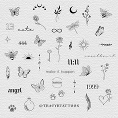 an assortment of tattoo designs on white paper with the words, butterflies and flowers in black ink