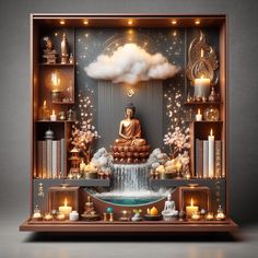 a buddha statue sitting on top of a wooden shelf filled with candles and other items