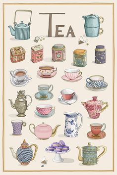 tea cups and kettles are shown in this illustration, with the words tea on them