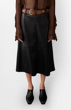 Constructed from paneled faux leather, this elevated midi skirt is shaped by a wide defining belt and a classic A-line silhouette. Hidden back-zip closure Removable belt Lined 100% polyester with 100% polyurethane coating Spot clean Imported Faux Leather Midi Skirt, Leather Midi Skirt, Platform Slippers, Denim Leggings, Skin Care Women, Comfortable Dress, Fashion Help, Toddler Sizes, Dress Romper