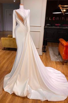 High Neck Mermaid Wedding Dress, Prom Dress Satin, Long Sleeve Mermaid Wedding Dress, White Prom, Ruffle Wedding Dress, White Prom Dress, Long Sleeve Evening Dresses, Satin Prom Dress, Gala Dresses