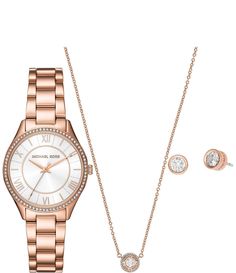 From Michael Kors&#x2C; this women's watch set features: Rose gold-tone stainless steel bracelet and caseWhite sunray dial 2 pusher fold-over clasp closureThree-hand movementBand width approx. 16mmCase size approx. 33mmCase thickness approx. 4.2mm Inner Circumference: 175 /- 5mmWater Resistance: 5 ATMIncludes rose gold-tone brass stud earrings&#x2C; a rose gold-tone brass short pendant necklaceImported. Accessories Watches Women, Hand Rose, Watch Set, Three Hands, Rose Gold Watch, Women's Watch, A Rose, Steel Bracelet, Stainless Steel Bracelet