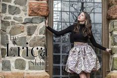 a woman standing in front of a door with her hands on her hips and the words, the erica skirt