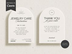 two white tags with the words jewelry care and congratulations written in black ink on them