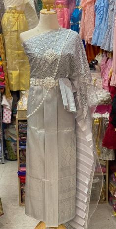 "\" This is Asian Thai-Lao traditional dress.Before place the order, kindly please contact me via convo to confirm design and size availability before\" Thank You :) This item we have 2 type size. 1. Standard size Waist 23-30\" Hip max. 37 \" 2 Plus size Waist \" up to 42\" Hip up to 46\" This is Asian traditional dress is made from synthetic silk for top and skirt waist size up to 32 inches(adjust size by hook). It is very unique and easy to wear. Women set including with 1. Lace sabai 2. Pleat White Cambodian Wedding Dress, Lao Clothing, Traditional Thai Dress, Traditional Dresses For Kids, Laos Wedding, Laos Clothing, Cambodian Wedding Dress, Thai Silk Dresses, Cambodian Dress