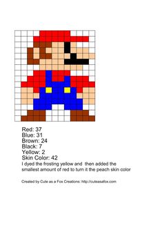 a cross stitch pattern with mario in red and blue colors, as well as an image of