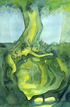 an abstract painting with green and yellow colors on the bottom, trees in the background