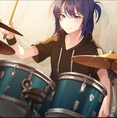 a girl with blue hair is playing drums