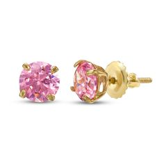 These pretty children's earrings feature round-cut pink cubic zirconia stones in each stud earring. The earrings are fashioned in luxe 14K yellow gold and safely secure with screw backs. Creative Earrings, Gold Layered Bracelets, Pearl Diamond Jewelry, Stained Glass Earrings, Pink Stud Earrings, Cross Jewelry Necklace, Geeky Girls, Fan Jewelry, Pink Studs