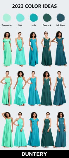 the different colors of dresses are shown in this graphic style, including blue and green