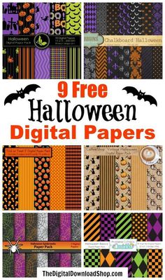 a collage of halloween digital papers with text overlay that reads, 9 free halloween digital papers