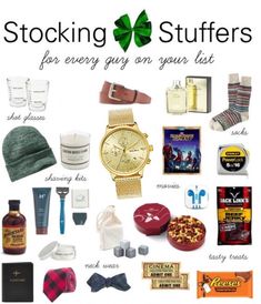 a bunch of different items that are on a white background with the words stocking stuff for every guy on your list