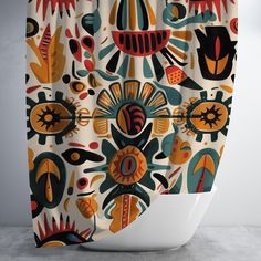 a shower curtain with an abstract design on it