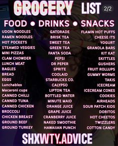 the grocery list is displayed in front of a purple and black background with words on it