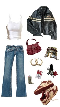 a woman's outfit including jeans, shoes and purses is shown in this image